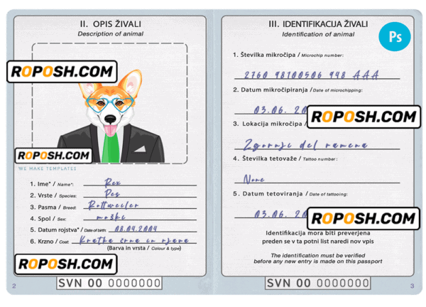 Slovenia dog (animal, pet) passport PSD template, fully editable