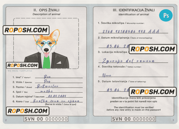 Slovenia dog (animal, pet) passport PSD template, fully editable