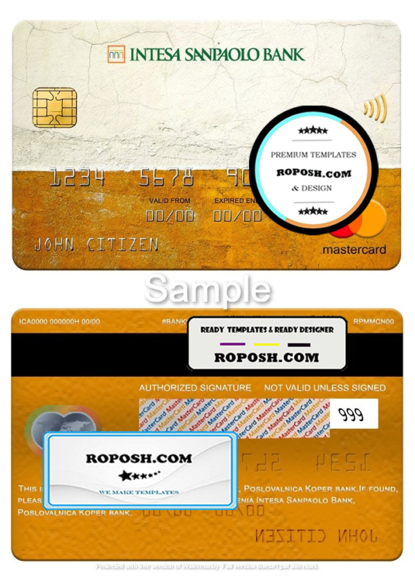 Slovenia Intesa Sanpaolo Bank, Poslovalnica Koper bank mastercard, fully editable template in PSD format