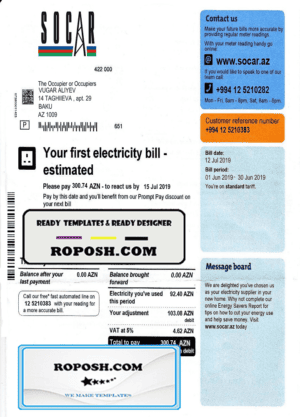 Azerbaijan Socar electricity utility bill template, fully editable in PSD format