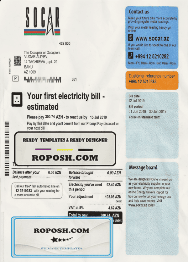 Azerbaijan Socar electricity utility bill template, fully editable in PSD format