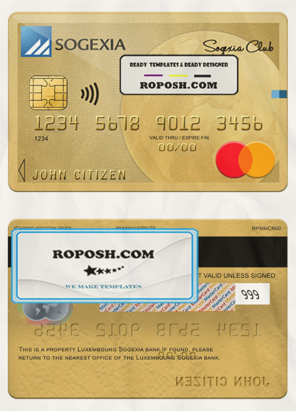 Luxembourg Sogexia bank mastercard credit card template in PSD format scan effect
