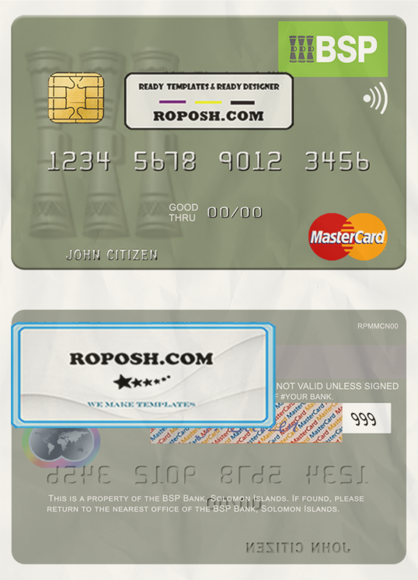 Solomon Islands BSP Bank mastercard credit card template in PSD format scan effect