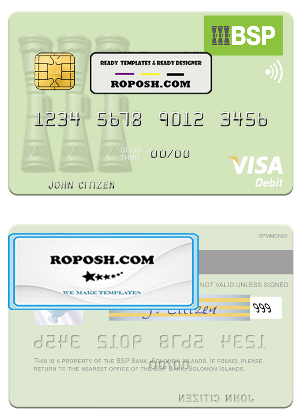 Solomon Islands BSP Bank visa debit credit card template in PSD format