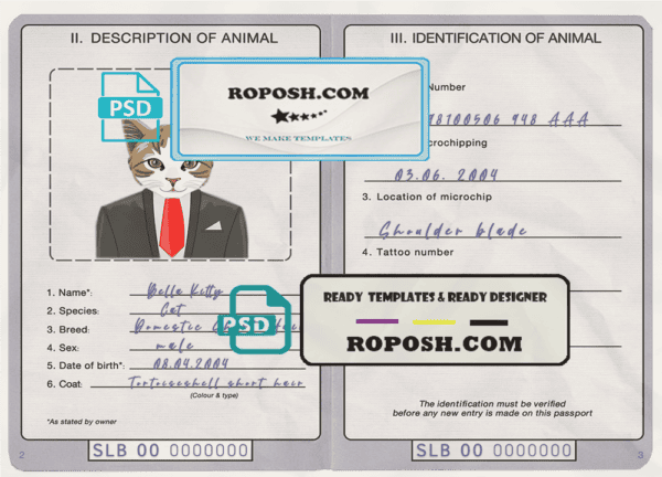 Solomon Islands cat (animal, pet) passport PSD template, fully editable