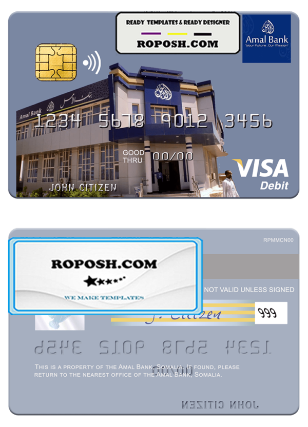 Somalia Amal Bank visa debit card template in PSD format, fully editable