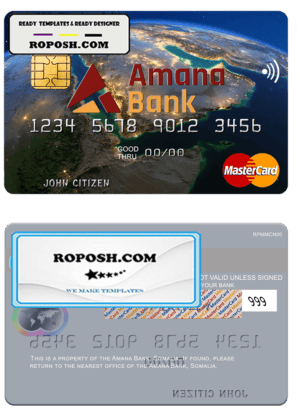 Somalia Amana Bank mastercard credit card template in PSD format
