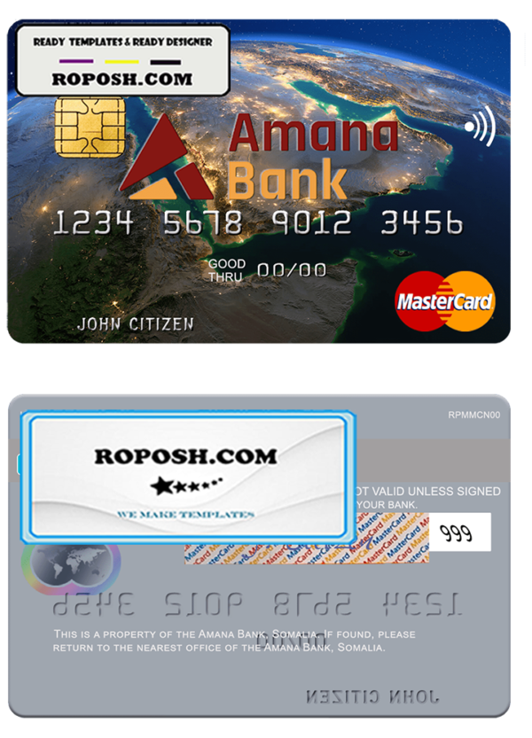Somalia Amana Bank mastercard credit card template in PSD format