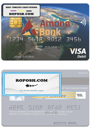 Somalia Amana Bank visa debit credit card template in PSD format