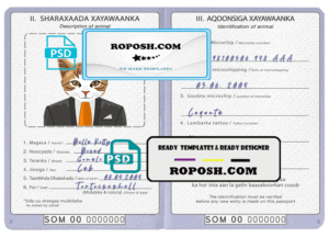 Somalia cat (animal, pet) passport PSD template, fully editable