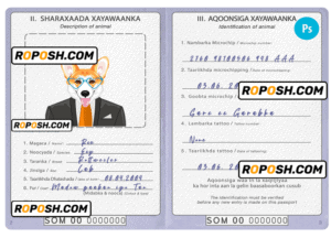 Somalia dog (animal, pet) passport PSD template, fully editable