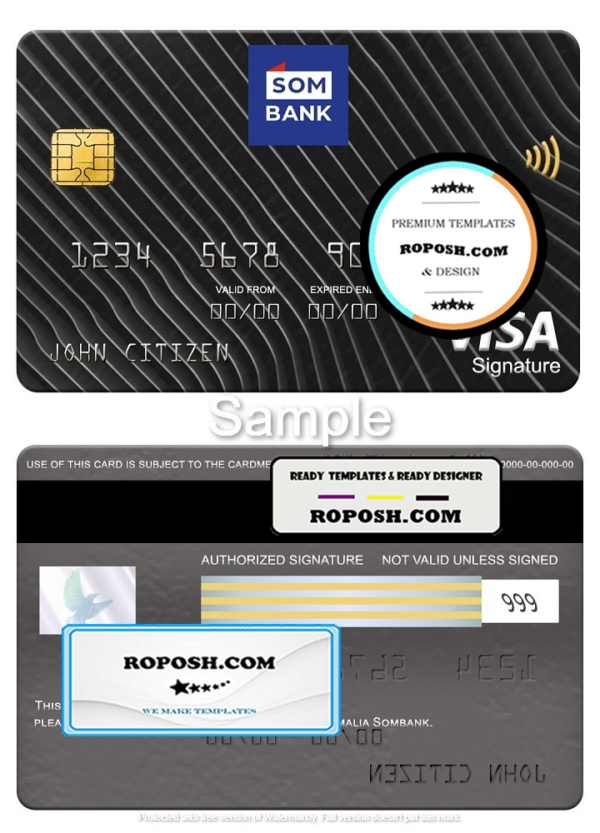 Somalia Sombank visa signature card, fully editable template in PSD format