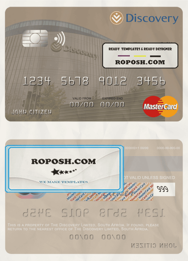 South Africa Discovery Limited mastercard credit card template in PSD format