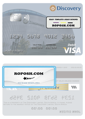 South Africa Discovery Limited visa debit card template in PSD format