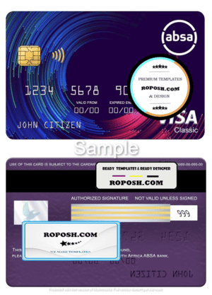 South Africa ABSA bank visa classic card, fully editable template in PSD format