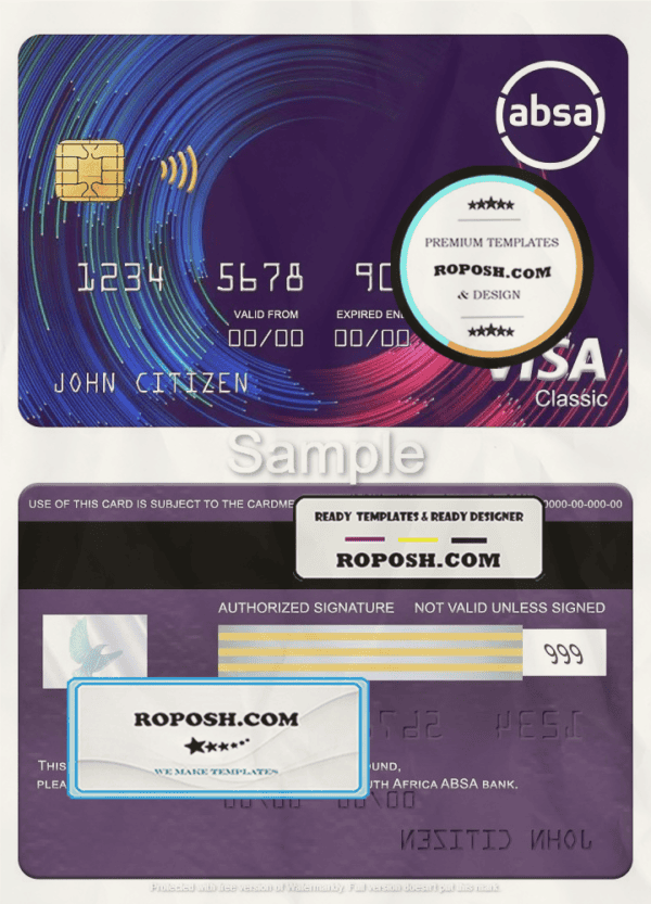 South Africa ABSA bank visa classic card, fully editable template in PSD format