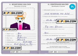 South Africa dog (animal, pet) passport PSD template, fully editable