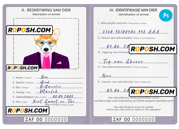 South Africa dog (animal, pet) passport PSD template, fully editable