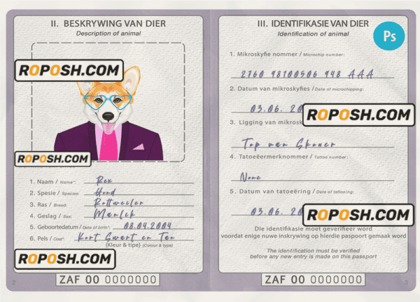South Africa dog (animal, pet) passport PSD template, fully editable