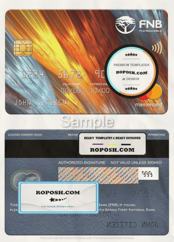 South Africa First National Bank mastercard, fully editable template in PSD format