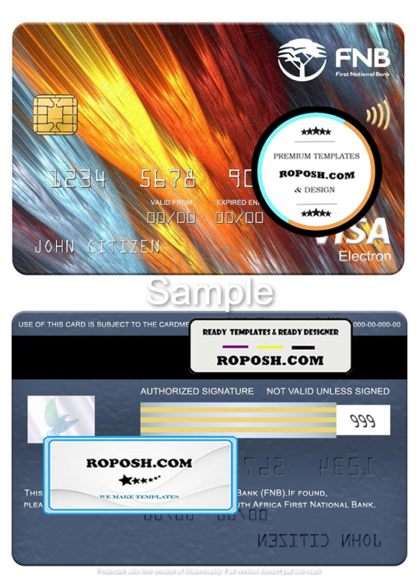South Africa First National Bank visa electron card, fully editable template in PSD format