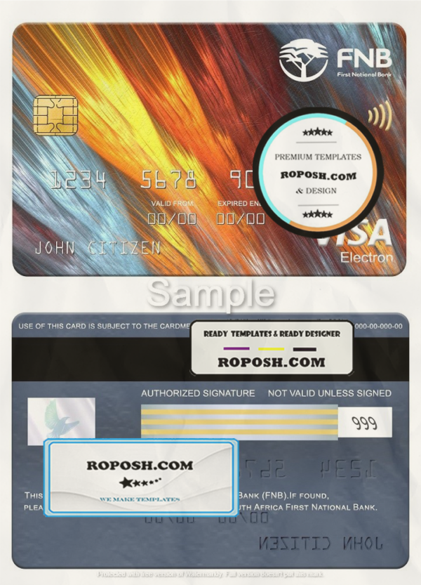 South Africa First National Bank visa electron card, fully editable template in PSD format scan effect