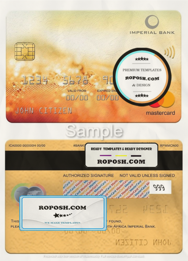South Africa Imperial Bank mastercard, fully editable template in PSD format scan effect