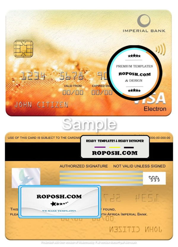 South Africa Imperial Bank visa electron card, fully editable template in PSD format