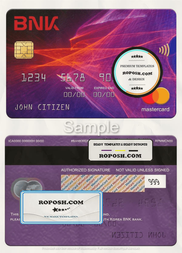 South Korea BNK bank mastercard, fully editable template in PSD format