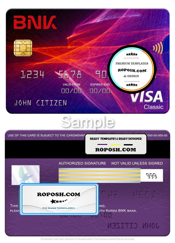 South Korea BNK bank visa classic card, fully editable template in PSD format