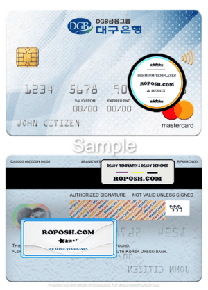 South Korea Daegu bank mastercard, fully editable template in PSD format