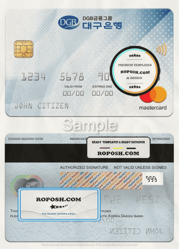 South Korea Daegu bank mastercard, fully editable template in PSD format