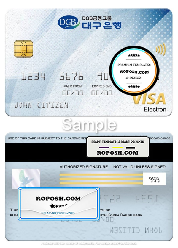 South Korea Daegu bank visa electron card, fully editable template in PSD format
