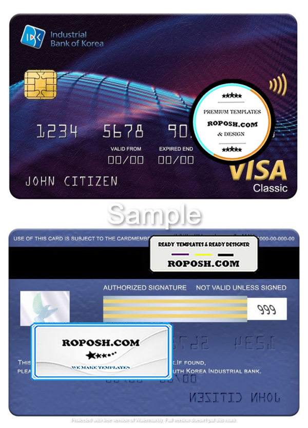 South Korea Industrial bank visa classic card, fully editable template in PSD format