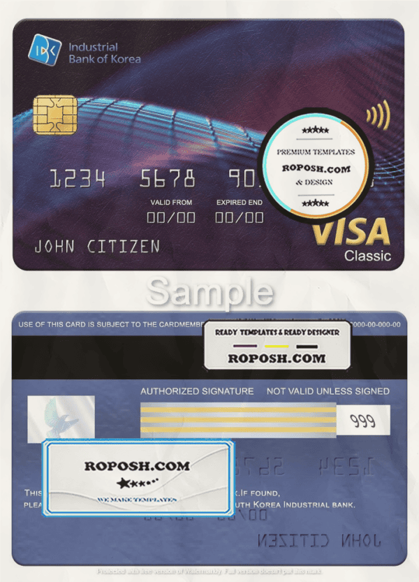South Korea Industrial bank visa classic card, fully editable template in PSD format