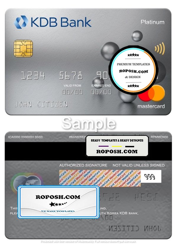 South Korea KDB bank mastercard platinum, fully editable template in PSD format