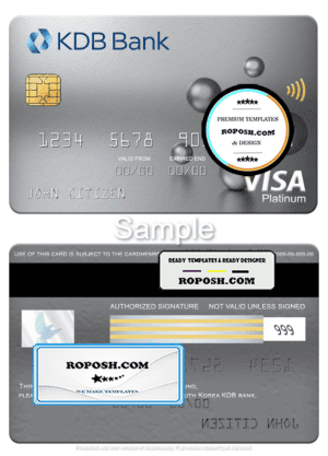 South Korea KDB bank visa platinum card, fully editable template in PSD format