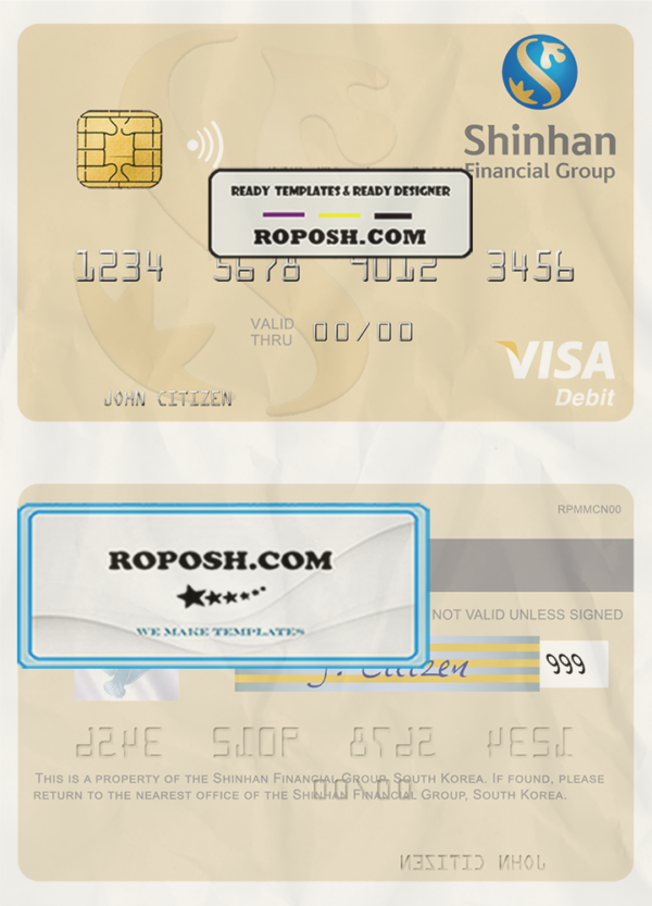 South Korea Shinhan Financial Group visa debit card template in PSD format scan effect
