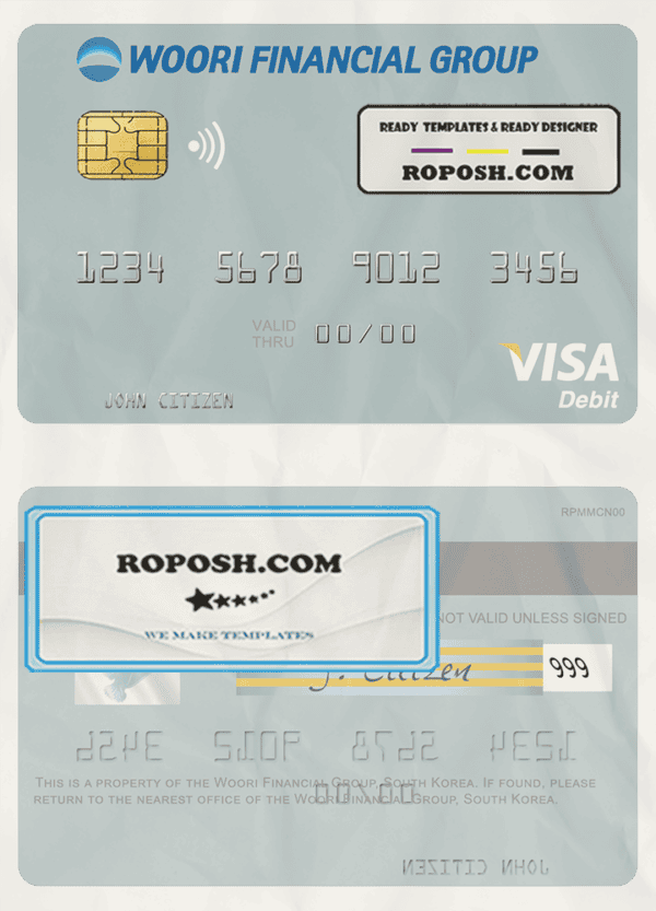 South Korea Woori Financial Group visa debit card template in PSD format