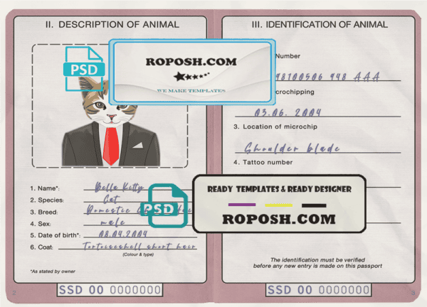 South Sudan cat (animal, pet) passport PSD template, fully editable
