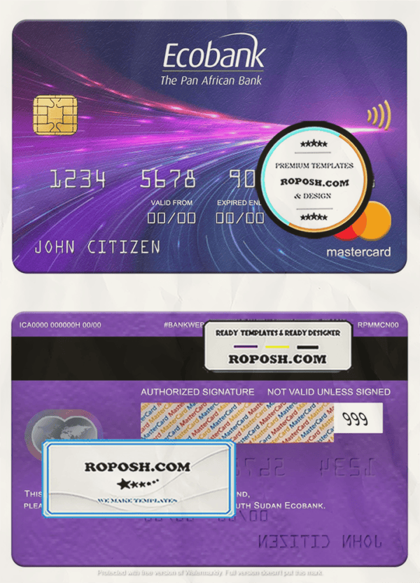 South Sudan Ecobank mastercard, fully editable template in PSD format