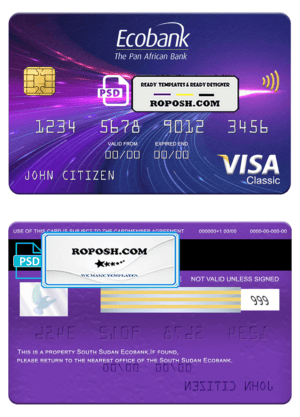 South Sudan Ecobank visa classic card, fully editable template in PSD format