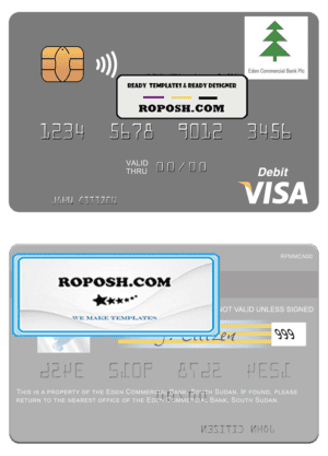 South Sudan Eden Commercial Bank visa debit card template in PSD format