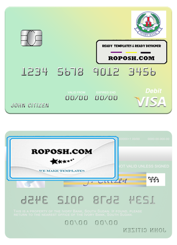 South Sudan Ivory Bank visa debit card template in PSD format