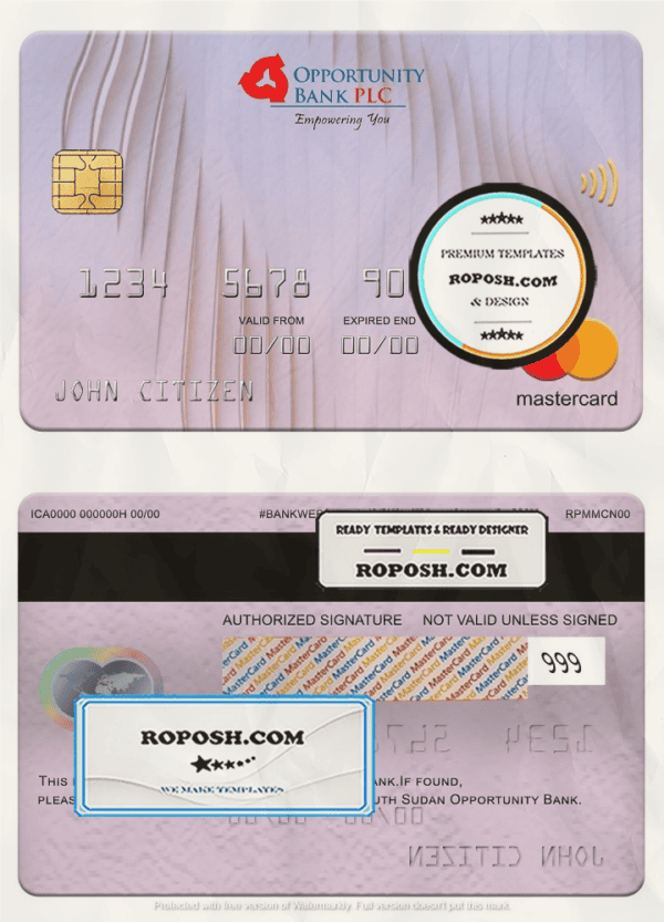South Sudan Opportunity Bank mastercard, fully editable template in PSD format
