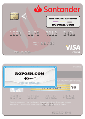 Spain Banco Santander visa credit card template in PSD format