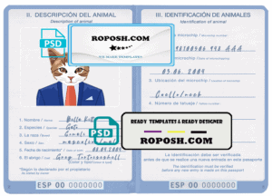 Spain cat (animal, pet) passport PSD template, completely editable