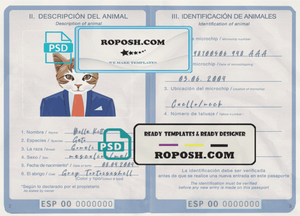 Spain cat (animal, pet) passport PSD template, completely editable