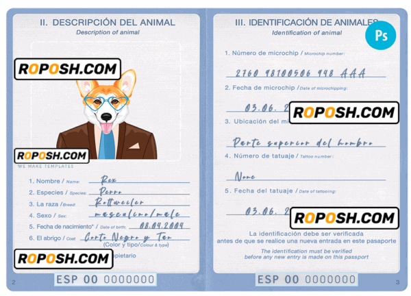 Spain dog (animal, pet) passport PSD template, completely editable