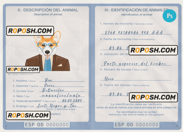 Spain dog (animal, pet) passport PSD template, completely editable